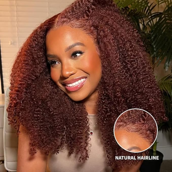 Beauty Forever Bye Bye Knots 7x5 Lace Front Wig Put on and Go Glueless Kinky Curly Human Hair Wigs,Reddish Brown Pre Cut Lace Closure Wigs Pre Plucked Hairline Pre Bleached Knots 150% Density 20inch