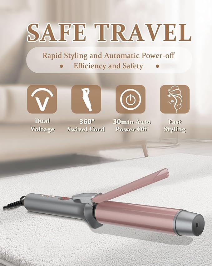 YEEGOR 1 1/4 Inch Curling Iron, Extra Long Ceramic Barrel Curling Iron for Long Hair Get Wavy Curls,Dual Voltage Hair Curler for Travel,Rose Gold