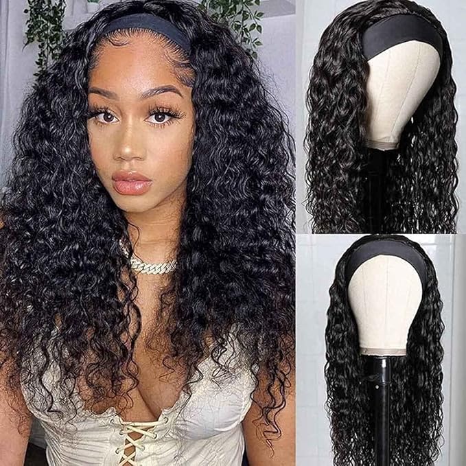 Beauty Forever Headband Human Hair Wigs Water Wave Glueless Human Hair Wigs With Pre-attached Scarf Non Lace Front Wigs for women Natural Color 150% Density 18 Inch