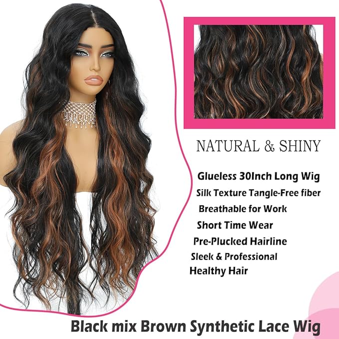 30 Inch Synthetic Lace Front Wig, 4X1 Glueless Pre-Cut Lace Wear and GO Synthetic Wavy Wig for Women Body Wave Middle Part, Beginner-Friendly for Daily Use (Black mix Brown)