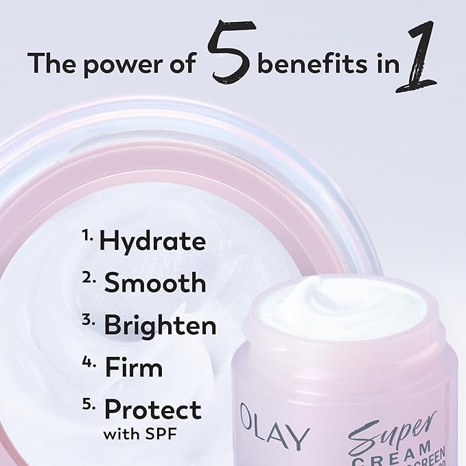 Olay Super Cream with Sunscreen SPF 30, 15 mL, Trial Size Ultra Lightweight Face Moisturizer - Vitamin C, Hyaluronic Acid, Niacinamide, Collagen Peptide - Hydrate, Smooth, Brighten, Firm, and Protect