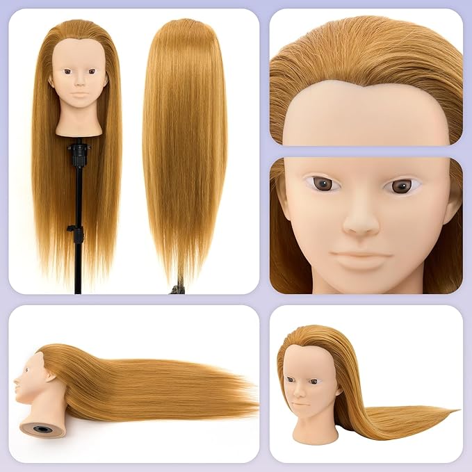 Neverland Beauty Mannequin Head with 60% Real Human Hair, 26 Inch Makeup Cosmetology Mannequin Doll Head for Hair Styling, Training Practice Braiding Manikin Head with False Eyelashes Hair Styling Set
