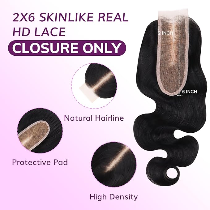 IDN BEAUTY SKINLIKE REAL HD 2X6 Lace Closure Human Hair 16 Inch Body Wave Closure Bleached Single Knots HD Closure Ultra-thin 2x6 Lace Closure Virgin Human Hair 0.1 mm Pre Plucked Hairline Closure