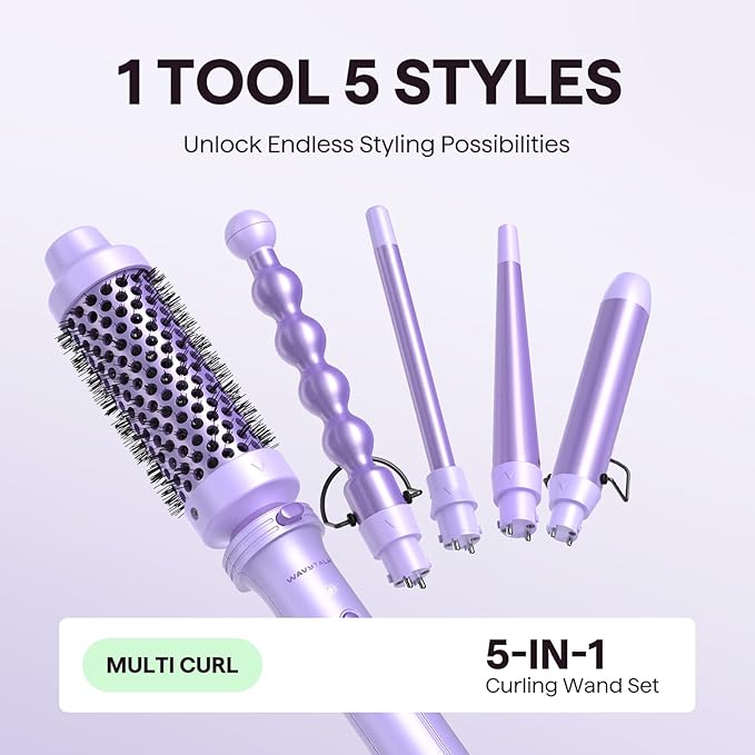 Wavytalk 5 in 1 Curling Iron,Curling Wand Set with Curling Brush and 4 Interchangeable Ceramic Curling Wand(0.5”-1.25”),Instant Heat Up,Include Heat Protective Glove & 2 Clips (Purple)
