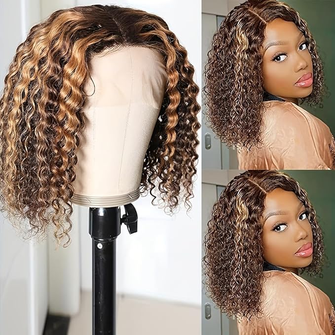 Highlight Ombre Curly Bob Wig Human Hair Glueless Pre Plucked 4/27 5x5 Hd Lace Wear And Go Closure Bob Wigs For Black Women Honey Blonde Short Water Wave Bob Wig Glueless 180% Density 10 Inch