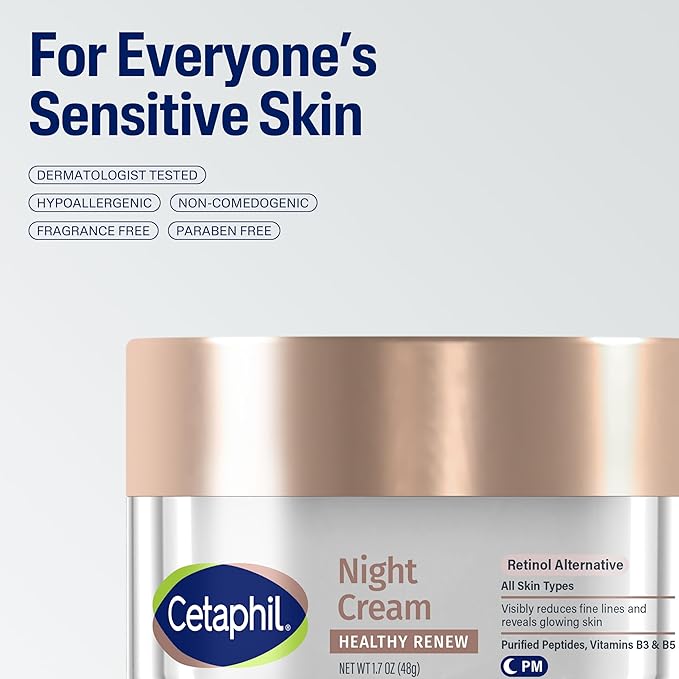 Cetaphil Healthy Renew Skin Tightening Night Cream 1.7 Oz, Wrinkle Repair Cream for Face with Peptides, Retinol Alternative Cream For Sensitive Skin, Fragrance Free
