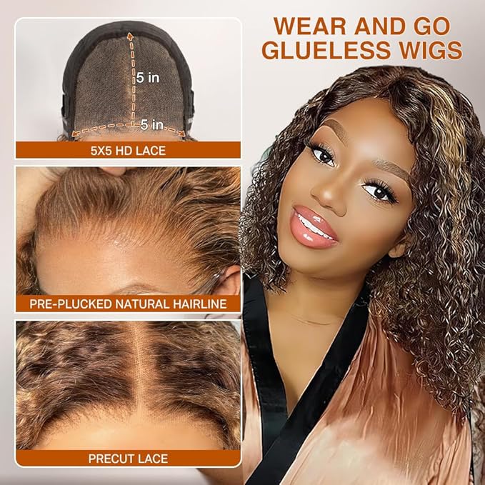 Wear And Go Glueless Wigs Human Hair Pre Plucked Pre Cut 4/27 Highlight Curly Bob Lace Closure Wigs 5x5 HD Lace Closure Wigs Human Hair For Black Women 180% Density Water Wave Lace Front Wig 12 Inch