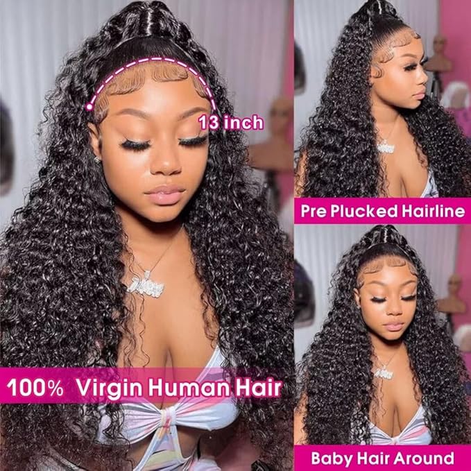 13x6 Deep Wave Lace Front Wigs Human Hair HD Lace Front Wigs Human Hair for Women Curly Human Hair Wig Pre Plucked with Baby Hair 180% Water Wave Lace Front Wigs for Black Women 26 Inch