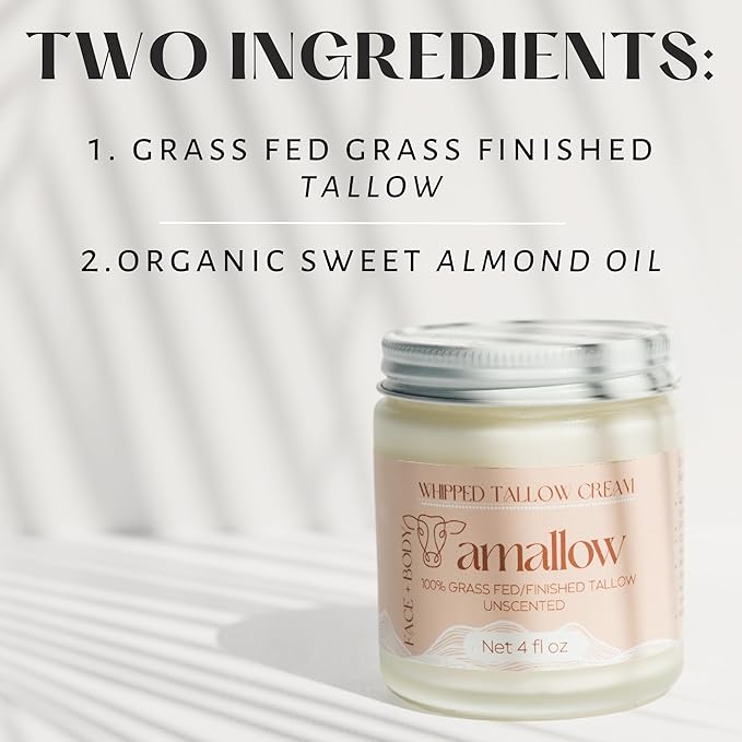 100% Grass Fed Beef Tallow for Skin Care - Face + Body - Whipped Moisturizer for Sensitive Skin - Natural Lotion, 4 FL. oz. (Unscented)
