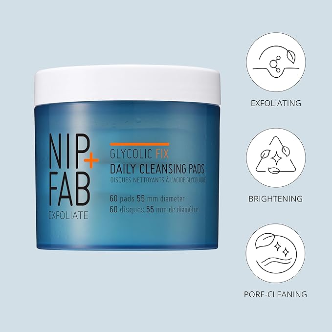 Nip + Fab Glycolic Acid Fix Daily Cleansing Pads for Face with Hyaluronic Acid, Witch Hazel, Exfoliating Resurfacing AHA Facial Cleanser for Exfoliation Even Skin Tone Brighten Skin, 60 Pads