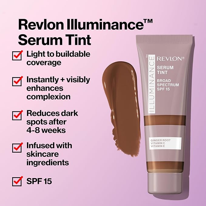 Revlon Illuminance Tinted Serum, Triple Hyaluronic Acid, Evens Out Skin Tone Over Time and Hydrates All Day, SPF 15, 417 Warm Caramel, 0.94 fl oz.
