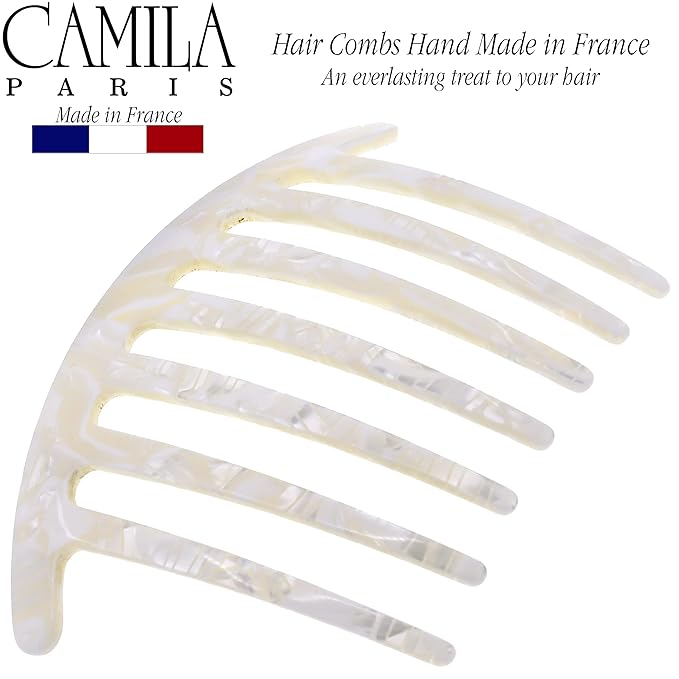 Camila Paris CP3185 French Handmade Side Comb Rounded, White, French Twist Hair Combs Decorative, Strong Hold Hair Clips for Women Bun Chignon Up-Do Styling Girls Hair Accessories Made in France