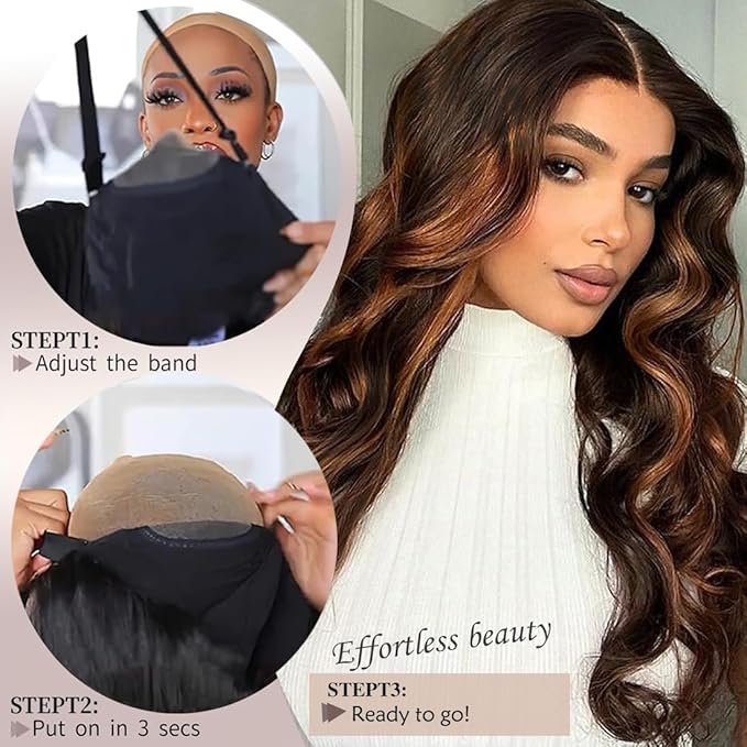 30 Inch Synthetic Lace Front Wig, 4X1 Glueless Pre-Cut Lace Wear and GO Synthetic Wavy Wig for Women Body Wave Middle Part, Beginner-Friendly for Daily Use (Black mix Brown)