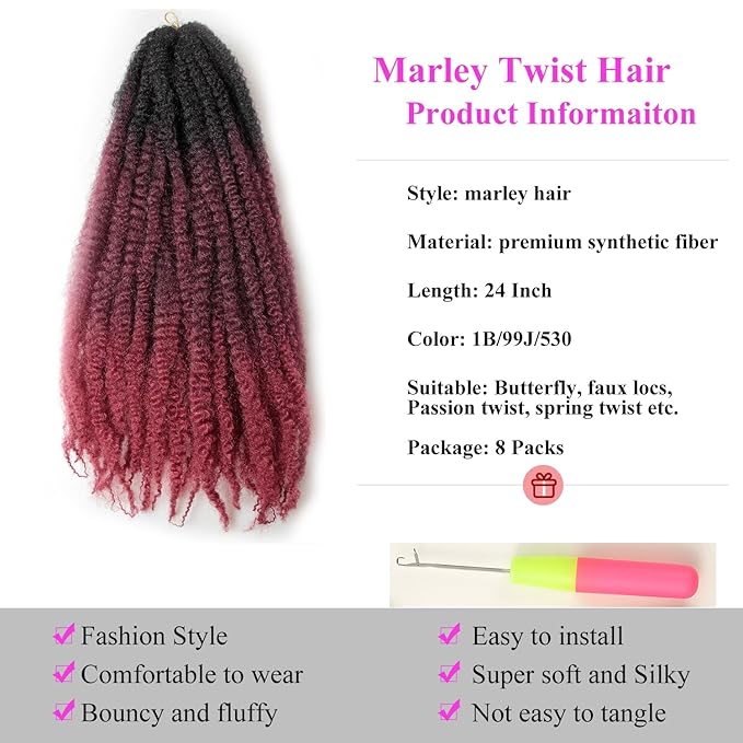 Marley Twist Braiding Hair 24 Inch 8 Packs โ Long-Lasting Marley Hair, Fluffy&Tangle-Free Cuban Twist Hair for Braiding, Natural Look Synthetic Spring Afro Kinky Twist Hair Extensions (T1B/99J/530)