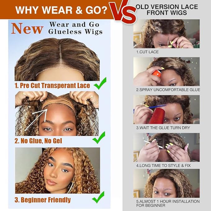 Wear And Go Glueless Wigs Human Hair Pre Plucked Pre Cut 4/27 Highlight Curly Bob Lace Closure Wigs 5x5 HD Lace Closure Wigs Human Hair For Black Women 180% Density Water Wave Lace Front Wig 14 Inch