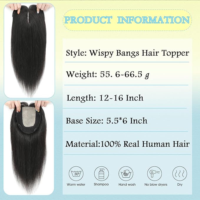 Hair Toppers for Women Real Human Hair, 360° 3D Toppers Pieces for Women with Thinning Crown Wispy Bangs 12 Inch Upgrade Big Basement (Natural Black, 12 Inch Wispy Bangs)