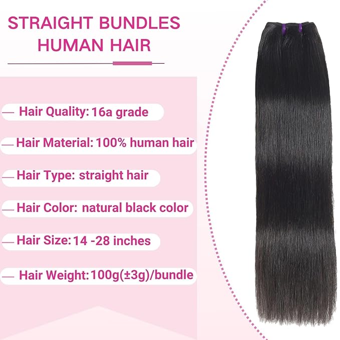 Beauty Queen 16A Brazilian Straight Bundles Human Hair (24 24 24 Inch) 100% Unprocessed Straight Human Hair Quick Weave 3 Thick Bundles Remy Virgin Hair Natural Color Hair Extensions