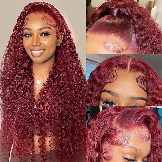 CHEETAHBEAUTY 99J Burgundy Deep Wave 13X6 HD Transparent Lace Front Wig Human Hair Brazilian Virgin Human Hair Wigs for Black Women Deep Curly Wigs Pre Plucked with Baby Hair 250% Density(28inch)