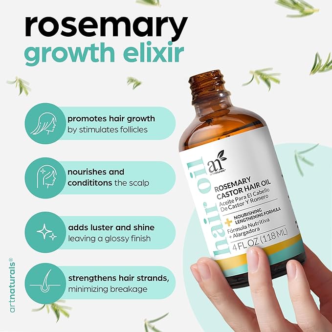 ArtNaturals Organic Rosemary & Castor Hair Growth Oil + Scalp Massager Set – Hair Styling Oils for Dry, Itchy Scalp, Thickening & Hydration - Scalp Oil Products For Damaged Hair & Split Ends – 4.0 oz