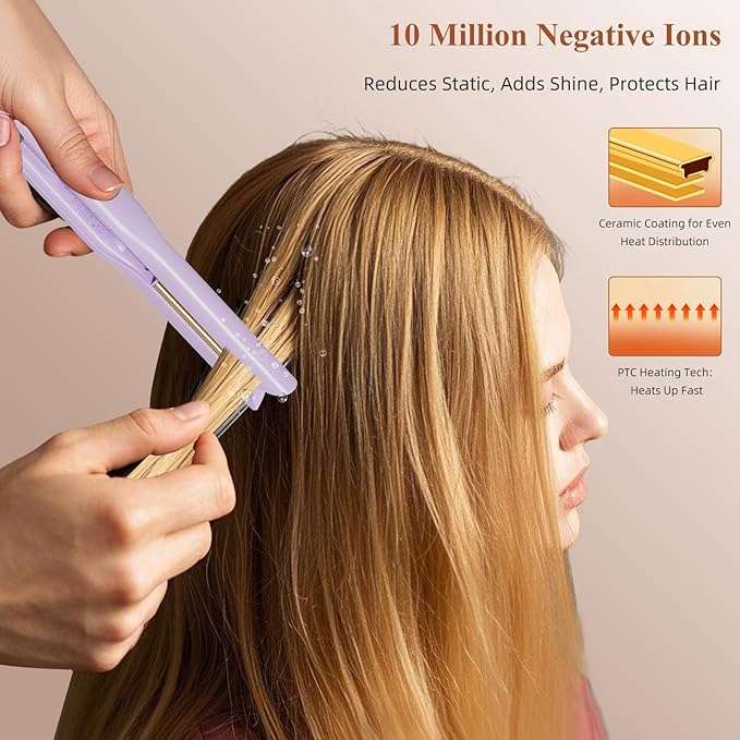 Small Flat Iron, 1/2 Inch Flat Iron for Short Hair Straightener and Curler 2 in 1, Ceramic Ionic Floating Plates for Less Frizz, 10s Quick Heat Up, Straightener for All Hair Types(Purple)