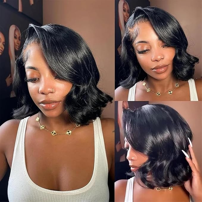 5x5 Bob Wig Human Hair Glueless Wigs Human Hair Pre Plucked HD Lace Closure Wigs Human Hair 180% Density Short Body Wave Bob Wigs for Black Women 12 inch
