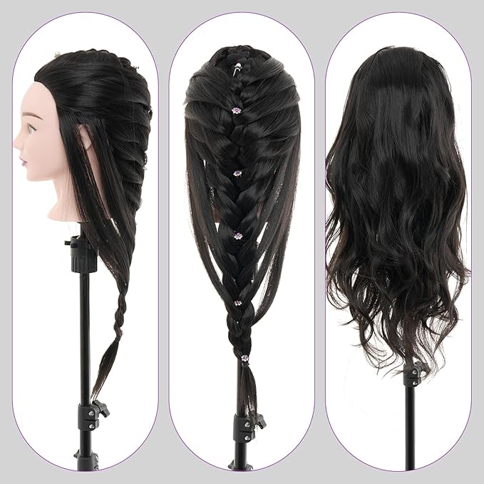 Neverland Beauty Mannequin Head with 80% Real Human Hair, 26 Inch Cosmetology Mannequin Doll Head for Hair Styling, Training Practice Braiding Manikin Head with Table Clamp, Hair Styling Set #1B