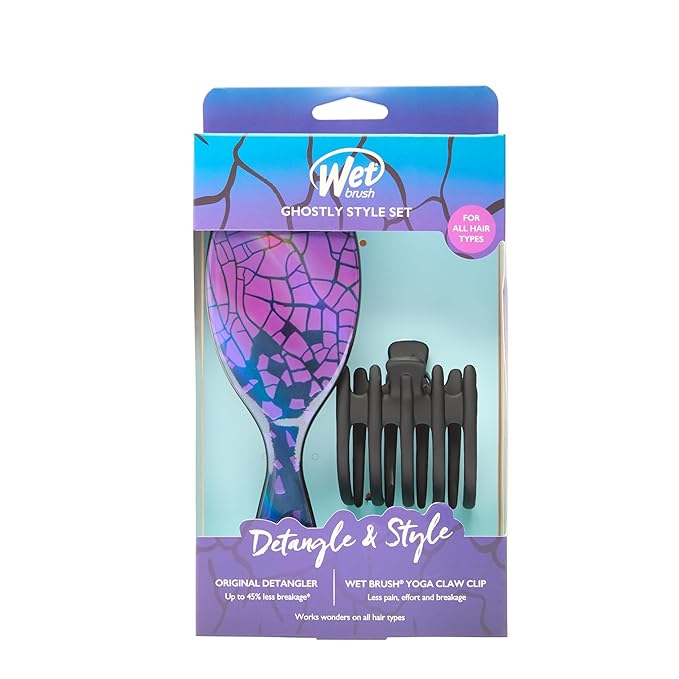 Wet Brush Original Detangler Brush Ghostly Style Kit, Ultra-Soft IntelliFlex Bristles, Detangling Brush Glides Through Tangles For All Hair Types (Wet Dry & Damaged), 1 Hairbrush & 1 Claw Clip
