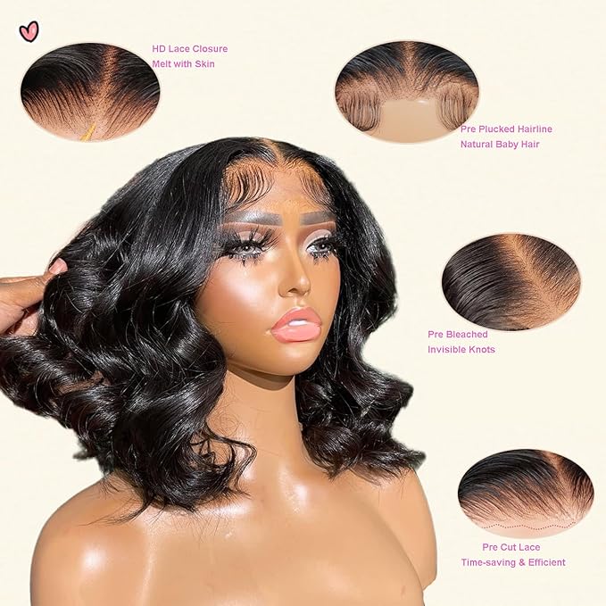 Body Wave Bob Wig Human Hair Wear and Go Glueless Wigs Human Hair Pre Plucked Pre Cut 200% Density 4x4 HD Lace Closure Wigs for Black Women 12 Inch