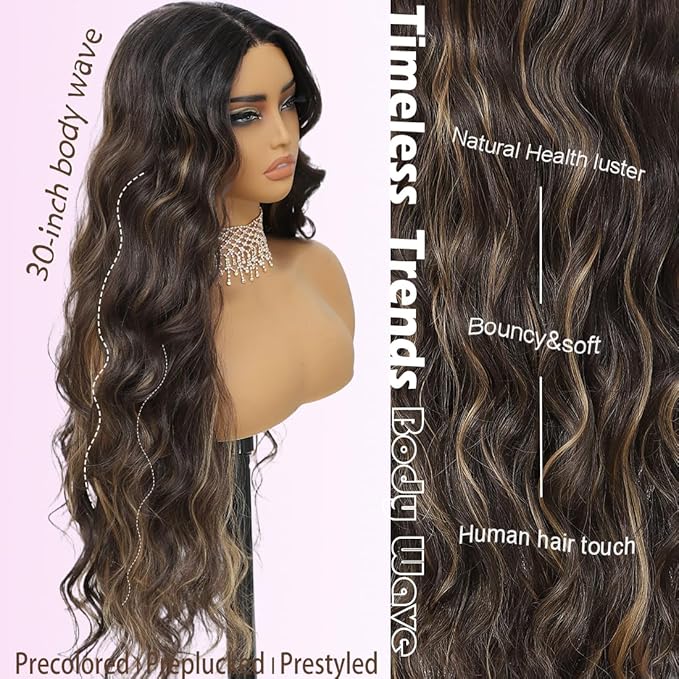 30 Inch Highlight Brown Synthetic Lace Front Wig for Women 4x1 Pre Plucked Long Body Wave Wig Synthetic Hair Natural Hairline Glueless Wigs for Beginners Middle Part for Daily Party Use