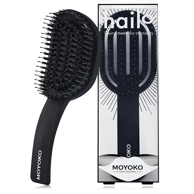 MOYOKO Detangler Brush for Curly Hair, Thick, Straight - Ergonomic Curved Detangling Hair Brush for Women, Girls, Prevents Breakage, Detangle Shower Hairbrush for Wet & Dry Hair (Black)