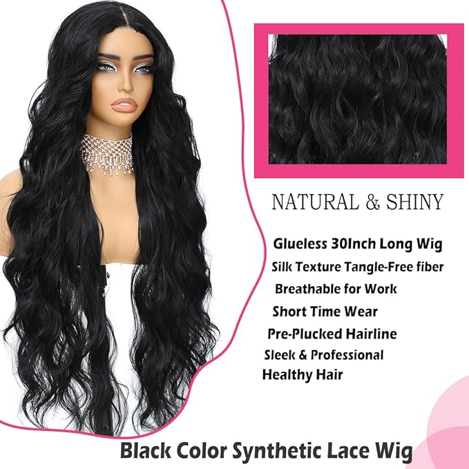 Synthetic Lace Front Wig 30Inch Long Wavy Natural Balck Pre Plucked Ready to Wear 4x1 Glueless Body Wave Wig for Black Women Heat Resistant Fiber Synthetic Hair