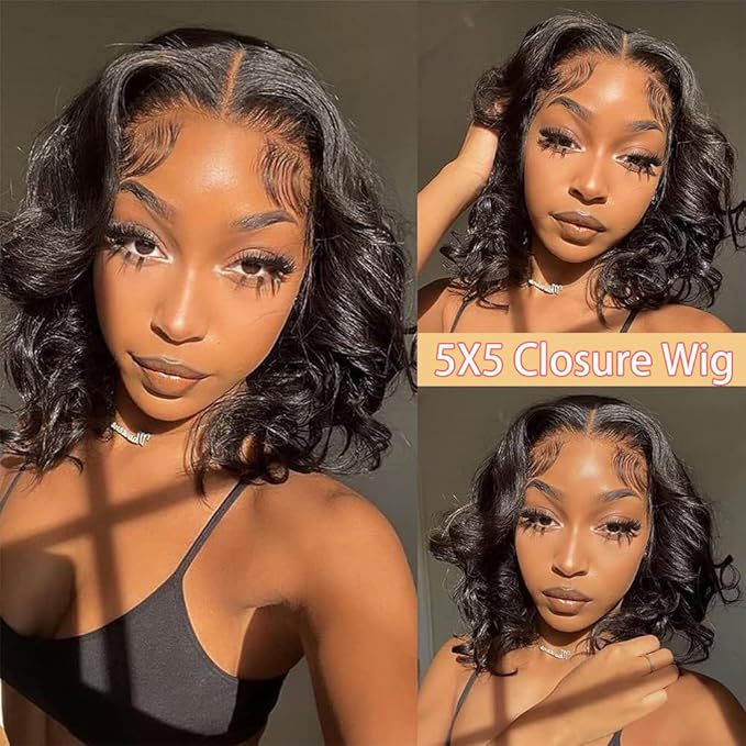 5x5 Bob Wig Human Hair Glueless Wigs Human Hair Pre Plucked HD Lace Closure Wigs Human Hair 180% Density Short Body Wave Bob Wigs for Black Women 10 inch