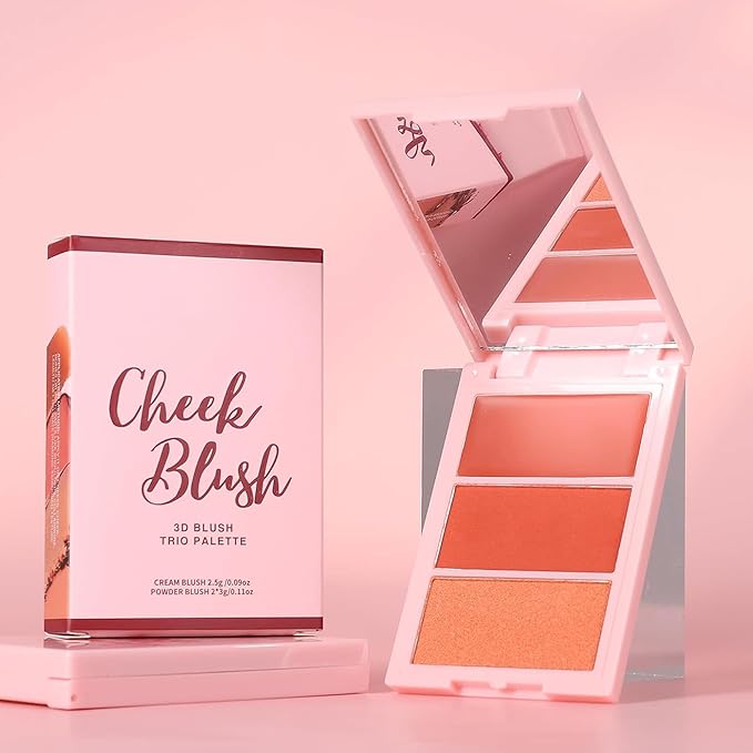 3D Blush Palette, Multi-Use Makeup Powder Blush Palette Cream Blush For Cheeks, Mulit Glow Balm, Lightweight, Smooth, Blendable, Long-Lasting Pigment, Natural Shimmery Or Matte Finish(01#)