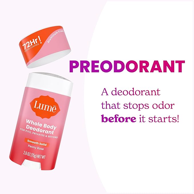 Lume Whole Body Deodorant - Smooth Solid Stick - 72 Hour Odor Control - Aluminum Free, Baking Soda Free and Skin Safe - 2.6 Ounce (Pack of 2) (Peony Rose)