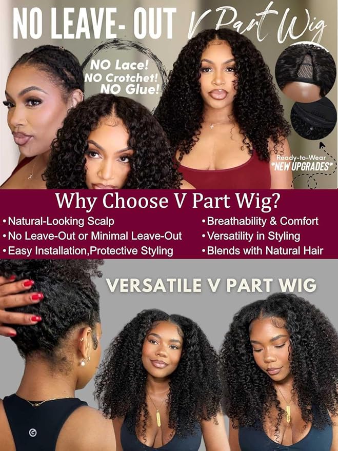 Beauty Forever V Part Curly Wig Human Hair EasiContour Vpart Wigs No Leave Out Glueless Upgraded U Part Wigs for Women Clip In Half Wig None Lace Front Wigs Natural Color 150% Density 18inch