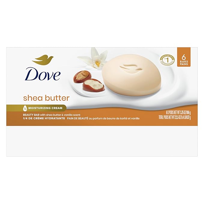 Dove Beauty Bar Soap Shea Butter, 6 Bars for Nourished, Radiant Skin, Enriches Skin 3.75 oz