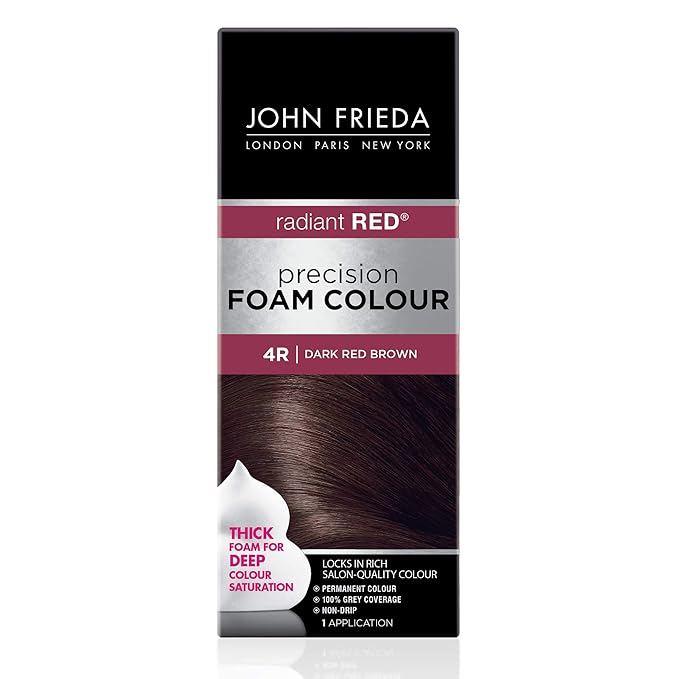 John Frieda Precision Foam Colour, Dark Red Brown 4R, Full-Coverage Hair Color Kit, Anti-Fade Gray Coverage, Deep Color Saturation Hair Dye, 1 Application