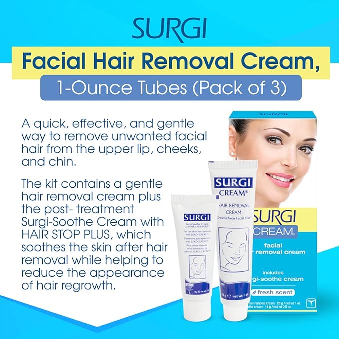 Surgi Wax Facial Hair Remover Cream, Hair Remover for Face, 1 Ounce Tubes (Pack of 3)