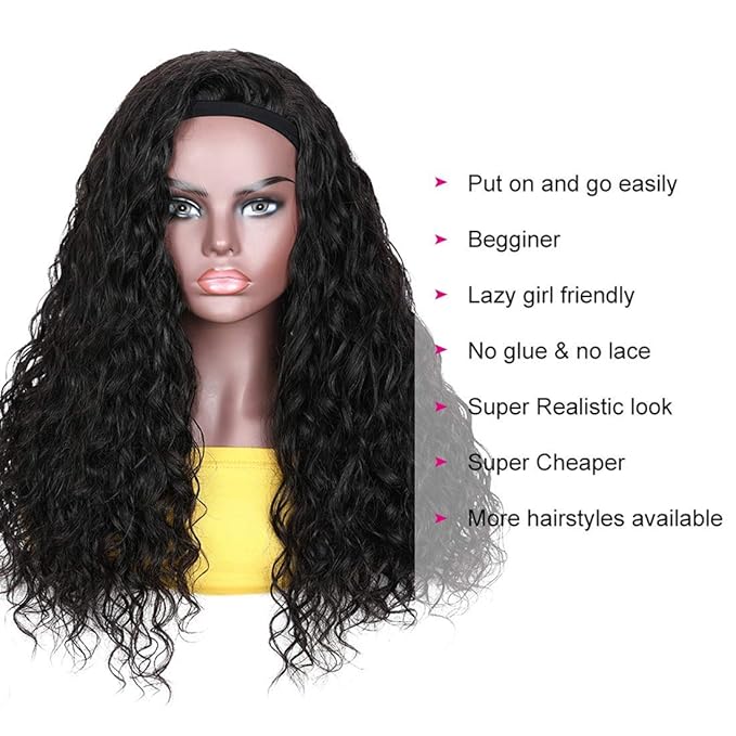 Beauty Forever Headband Human Hair Wigs Water Wave Glueless Human Hair Wigs With Pre-attached Scarf Non Lace Front Wigs for women Natural Color 150% Density 18 Inch