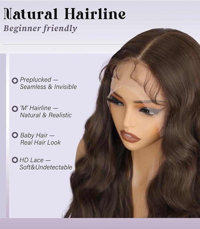13x4 Synthetic Lace Front Wig Long Wavy Dark Brown Wig with Realistic Hairline 26 inch Pre Plucked Body Wave Lace Wig for Daily Party Use