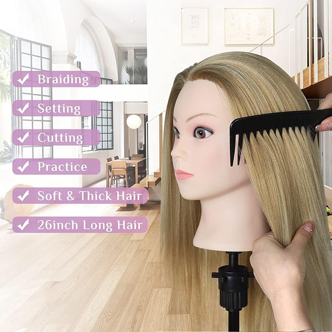 Neverland Beauty Mannequin Head with Hair and Wig Stand Tripod Set, 26 Inch Ombre Golden Mannequin Head with Stand Hair Braiding Cosmetology Manikin Head with Tripod For Braiding Styling