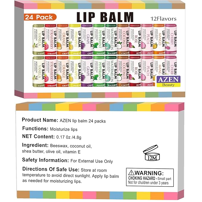 AZEN 24 Pack Lip Balm, Natural Lip Balm Bulk, Moisturizing Lip Balms for dry cracked lips