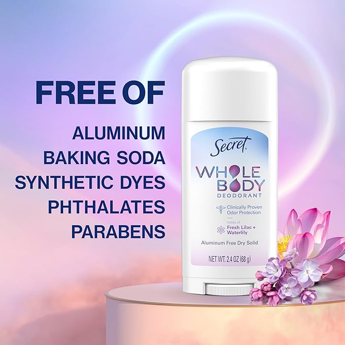 Secret Whole Body Deodorant Stick for Women, Lilac & Waterlily Scent, Aluminum Free Deodorant Stick, 72 HR Odor Protection, 2.4 oz