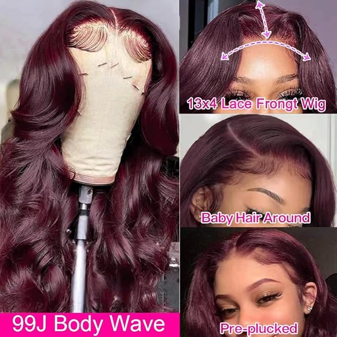 13x4 99J Burgundy Body Wave Lace Front Wigs Human Hair 180% Density Wine Red Color Wigs for Women HD Transparent Lace Front Wigs Glueless Human Hair Pre Plucked with Baby Hair (20inch)