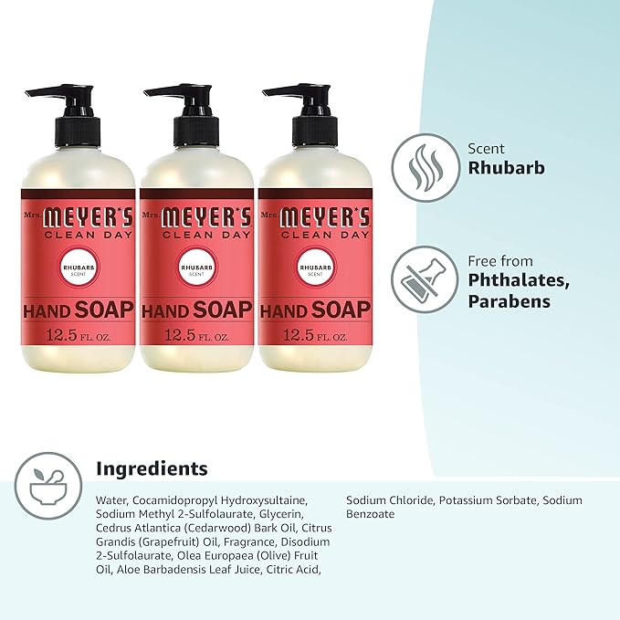 MRS. MEYER'S CLEAN DAY Hand Soap, Made with Essential Oils, Biodegradable Formula, Rhubarb, 12.5 Fl. Oz - Pack of 3