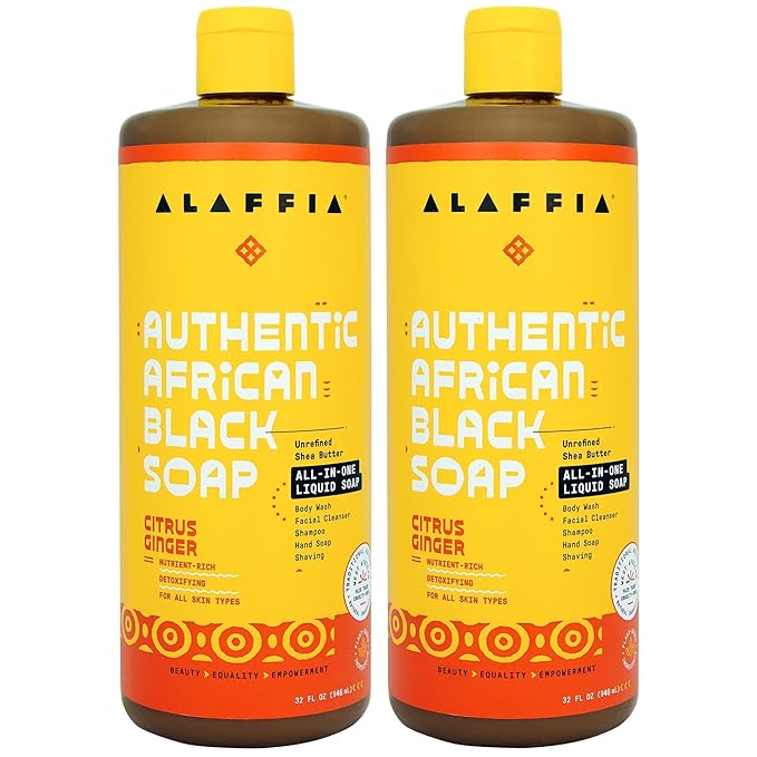 Alaffia Skin Care, Authentic African Black Soap, All in One Liquid Soap, Acne Face Wash, Moisturizing Body Wash, Shampoo, Shaving Soap, Shea Butter, Citrus Ginger, (2 Pack - 32 Fl Oz Ea)