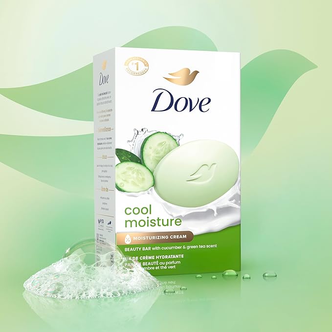 Dove Beauty Bar Soap Cool Moisture Cucumber & Green Tea Scent, 8 Bars for Refreshed Skin, Leaves Skin Refreshed 8 x 3.75 oz