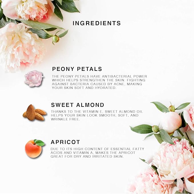 Peony Multi-Use Oil for Face, Body and Hair - Organic Blend of Apricot, Vitamin E Sweet Almond Oil for Dry Skin, Rose Petals & Bergamot Essential Oil - 4 Fl Oz
