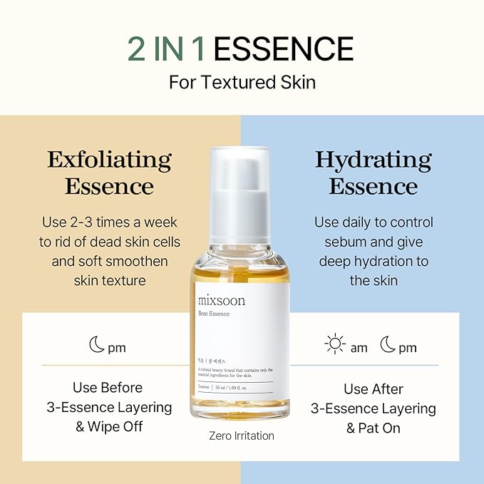 mixsoon Bean Essence Exfoliating Hydrating Korean Skin Care Glass skin Hyaluronic Acid Serum (1.01 Fl Oz([Pack of 1))
