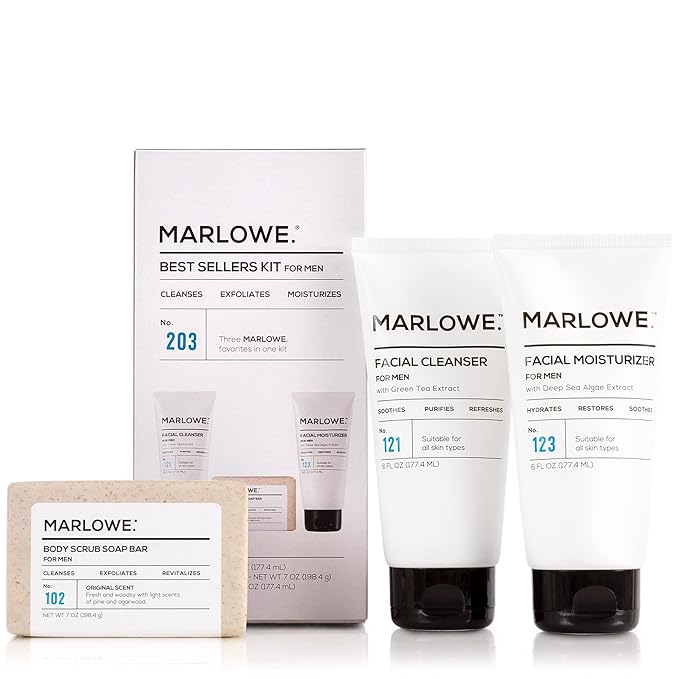 Best Sellers Kit No. 203, Features Signature No. 102 Original Body Scrub Soap Bar, No. 121 Facial Cleanser & No. 123 Facial Moisturizer, Great Gift for Men